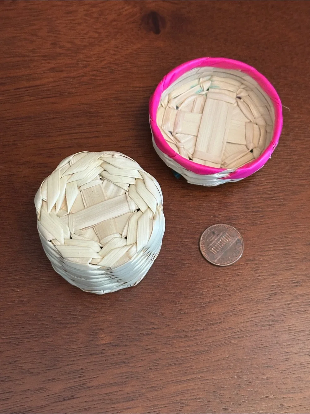 Handwoven Mini Storage Basket with Pink Trim and Floral Lid